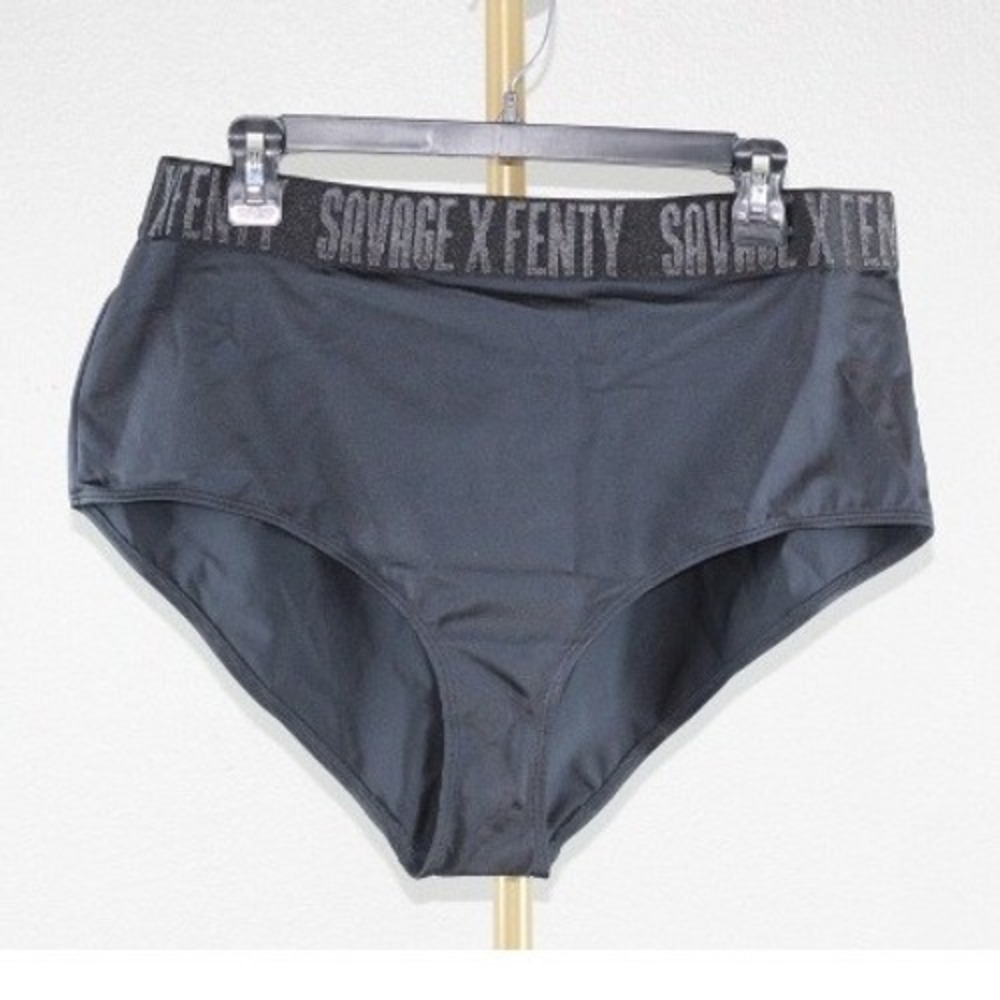 Savage X Fenty Black High Waisted Logo Briefs Panties Glitter Waistband 3X NWT